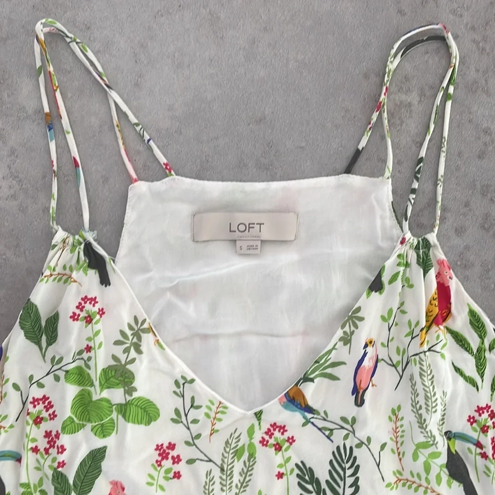 LOFT Jungle Birds Tropical Print Ruffle Double Strap Lined Dress Cover Up size S - Picture 5 of 11